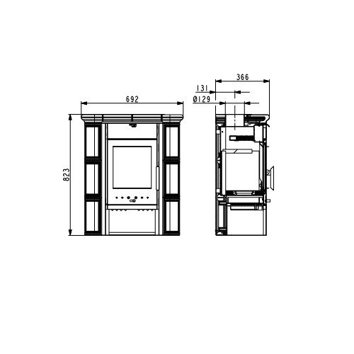 Haas+Sohn Tirol Kaminofen 6 kW – Keramik Grün/Perlschwarz – technische Ansicht