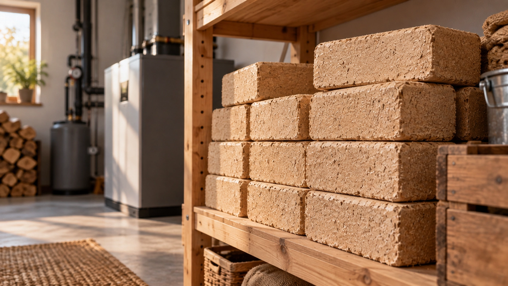 Rechteckige Holzbriketts trocken auf einem Holzregal gelagert