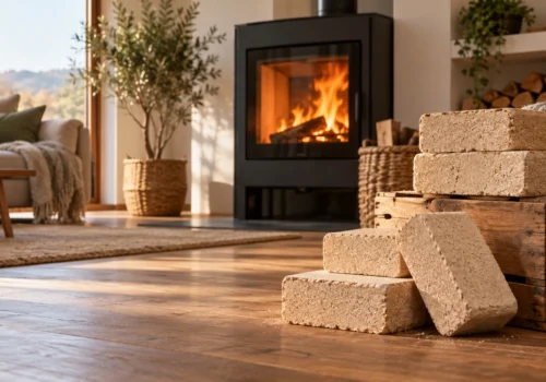 Holzbriketts neben einem Kaminofen in einem modernen Wohnzimmer
