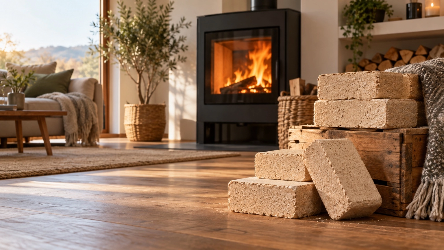 Holzbriketts neben einem Kaminofen in einem modernen Wohnzimmer