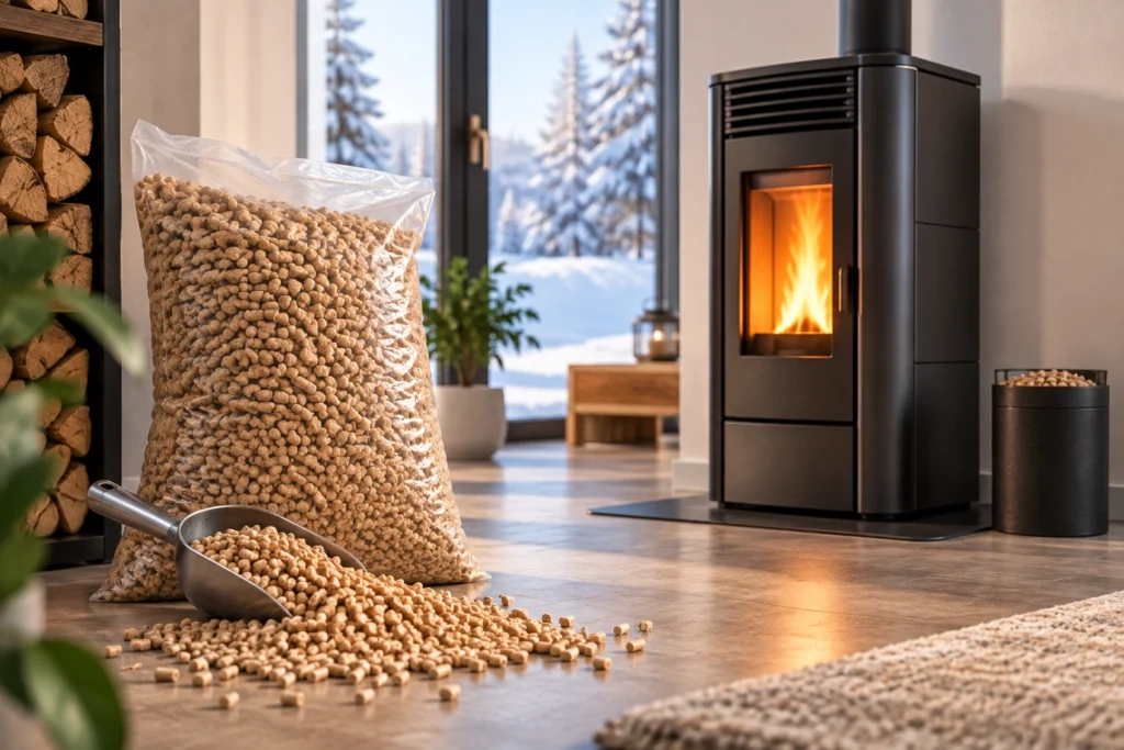 Holzpellets in Sackware neben einem schwarzen Pelletofen