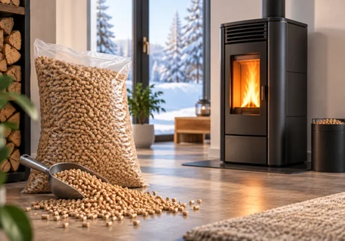 Holzpellets in Sackware neben einem schwarzen Pelletofen