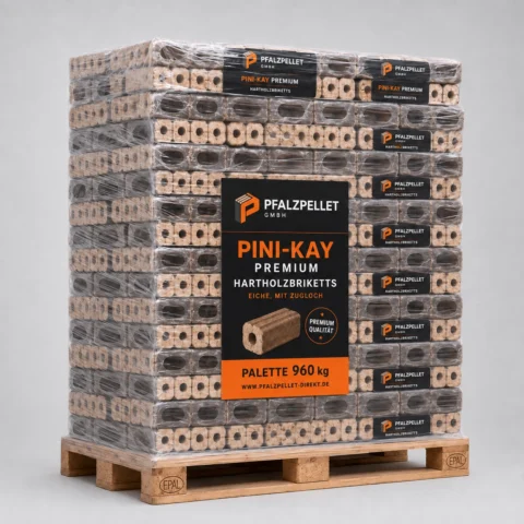 Pini-Kay Premium – Hartholzbriketts (Eiche, mit Zugloch) – Palette 960 kg