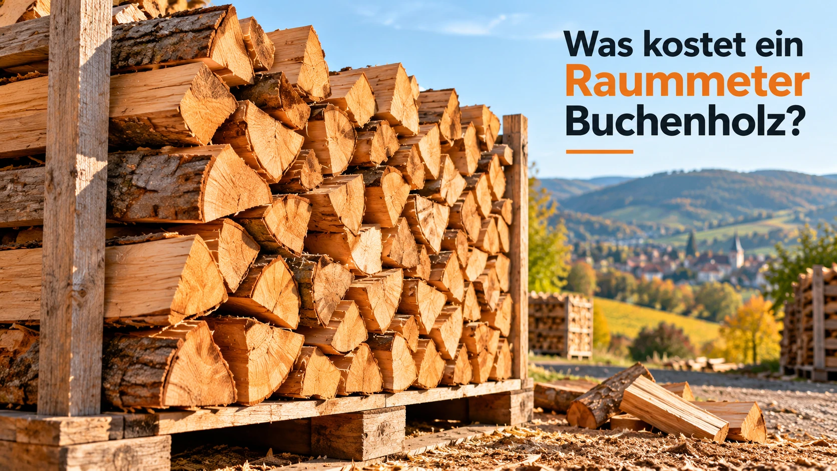 Gestapeltes kammergetrocknetes Buchenholz als Raummeter für Kamin und Ofen